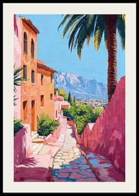 Solbelyst gata med palmer och berg i bakgrunden-2