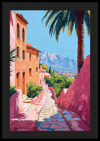 Solbelyst gata med palmer och berg i bakgrunden-4