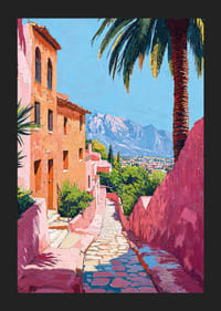 Solbelyst gata med palmer och berg i bakgrunden-5