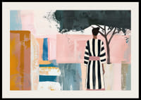 En kvinne i stripet kjole står i et drømmende landskap-2