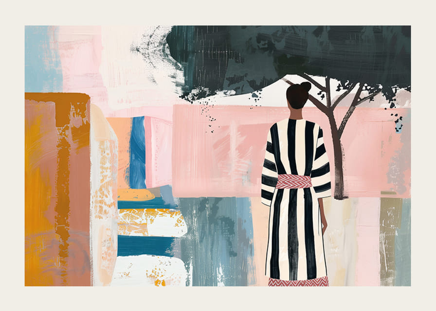 En kvinne i stripet kjole står i et drømmende landskap-12