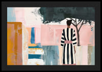 En kvinne i stripet kjole står i et drømmende landskap-4