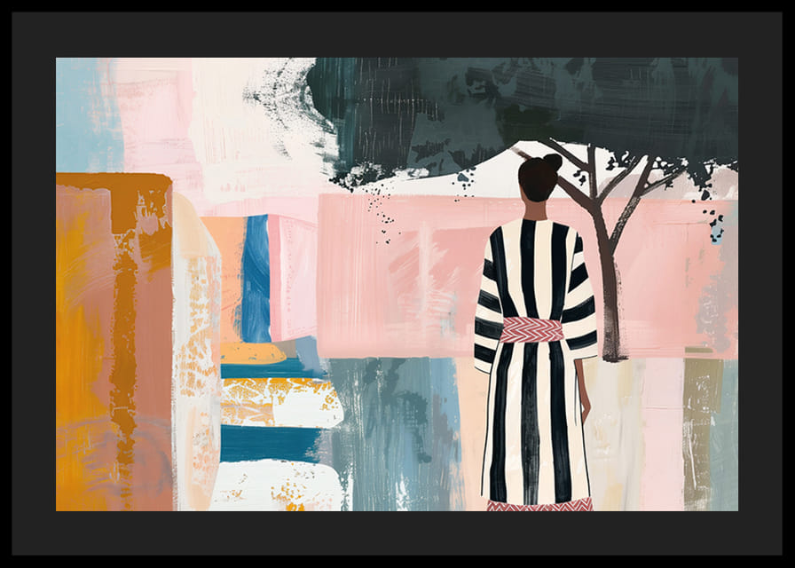 En kvinne i stripet kjole står i et drømmende landskap-12