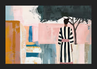 En kvinne i stripet kjole står i et drømmende landskap-5