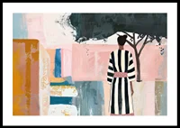 En kvinna i en randig klänning står i ett drömskt landskap-0