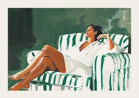 A relaxed lady in a striped armchair against a deep green background-3