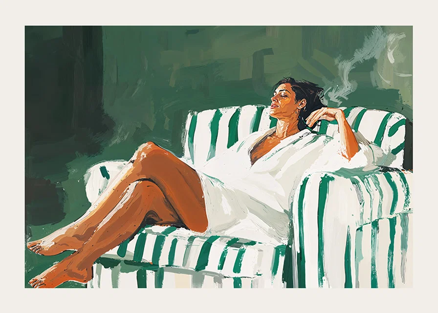 A relaxed lady in a striped armchair against a deep green background-12