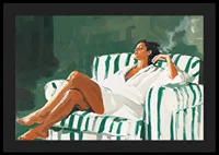 A relaxed lady in a striped armchair against a deep green background-4