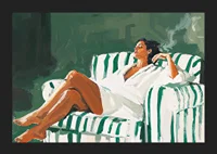 A relaxed lady in a striped armchair against a deep green background-5