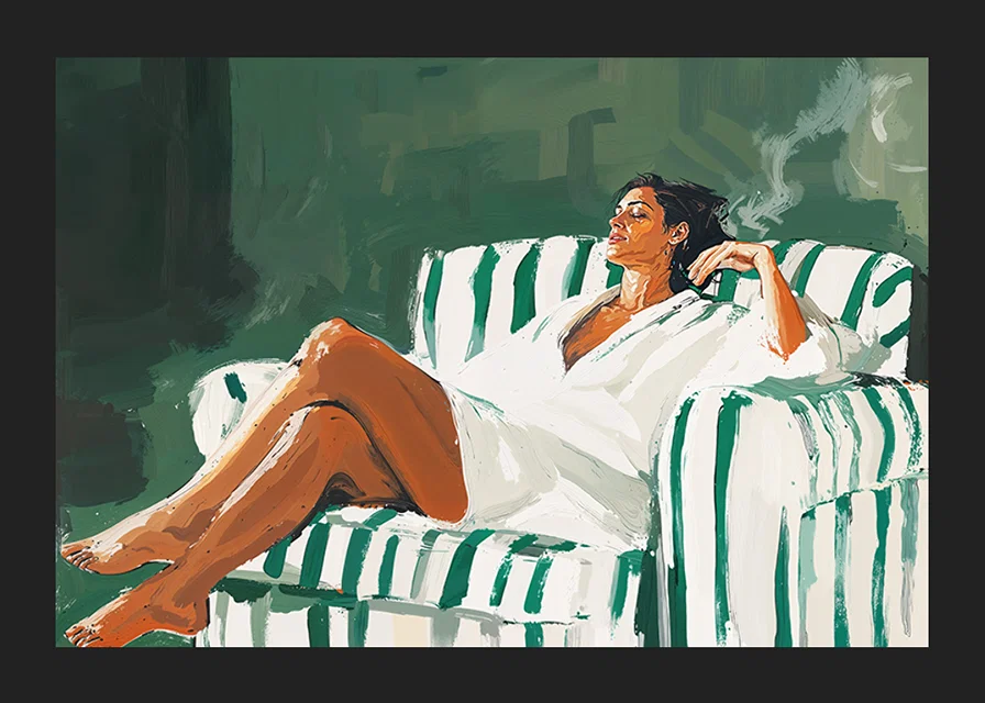 A relaxed lady in a striped armchair against a deep green background-12
