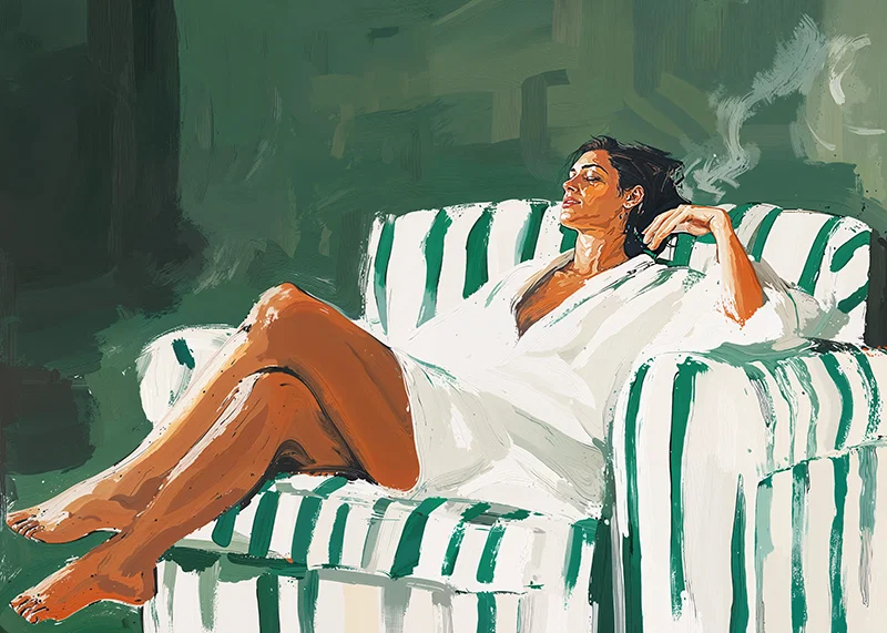 A relaxed lady in a striped armchair against a deep green background-12