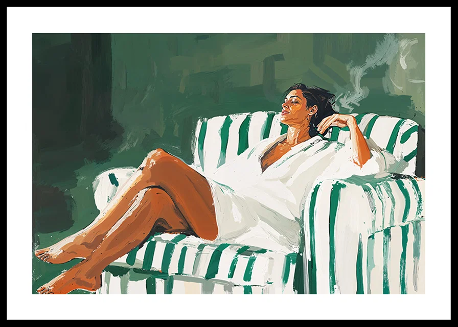 A relaxed lady in a striped armchair against a deep green background-12