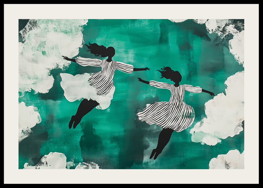 Dve siluety voľne plávajúce medzi oblakmi na zelenom pozadí-12