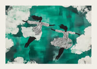 Dve siluety voľne plávajúce medzi oblakmi na zelenom pozadí-3