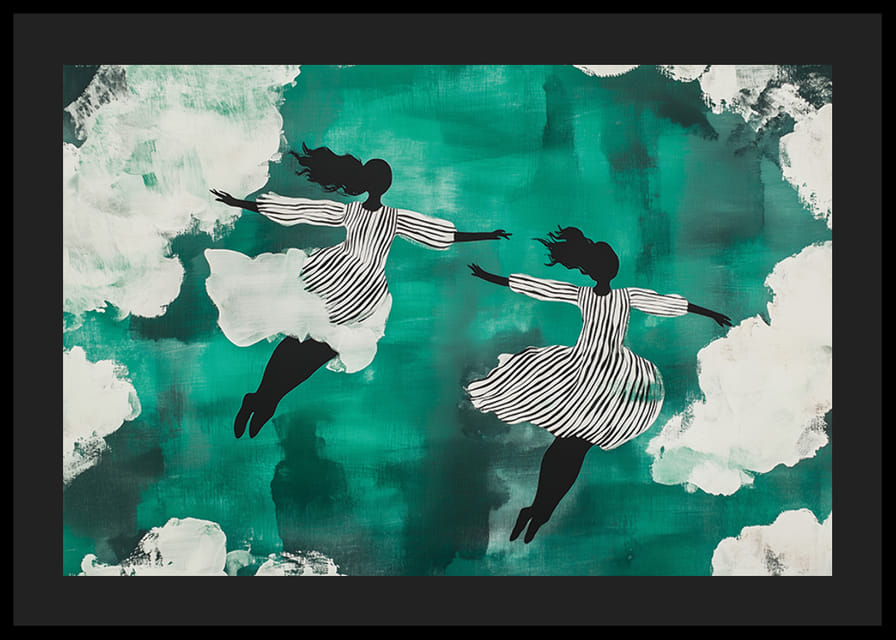 Dve siluety voľne plávajúce medzi oblakmi na zelenom pozadí-12