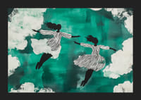 Dve siluety voľne plávajúce medzi oblakmi na zelenom pozadí-5