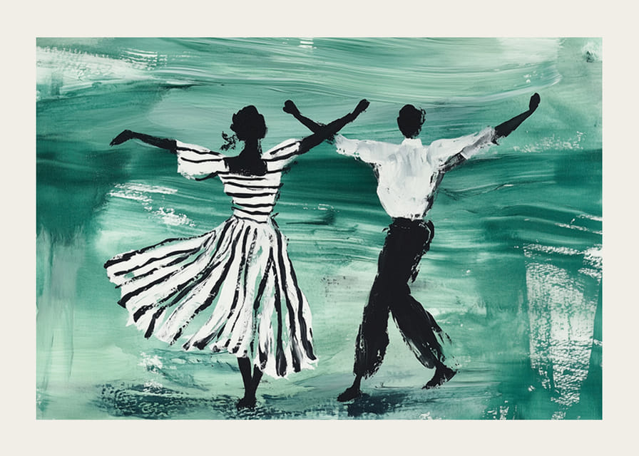 En dansande duo svävar över en grön bakgrund av rörelse-12