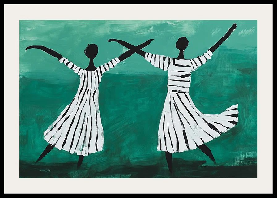 Two dancers float in a dreamy dance over a green background-12
