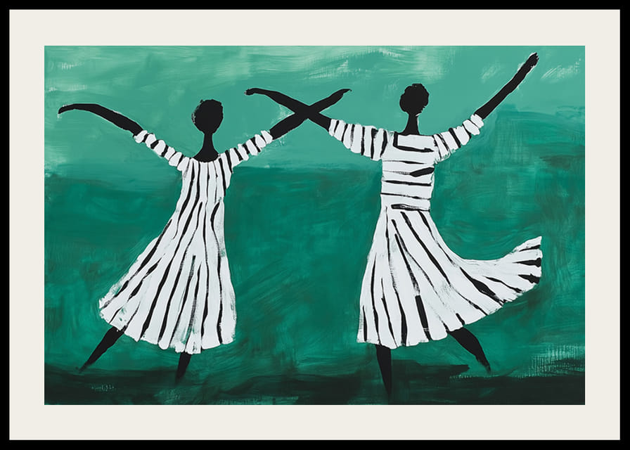 Dvaja tanečníci sa vznášajú v zasnenom tanci na zelenom pozadí-12