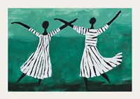 Two dancers float in a dreamy dance over a green background-3