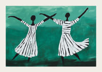 Dvaja tanečníci sa vznášajú v zasnenom tanci na zelenom pozadí-3