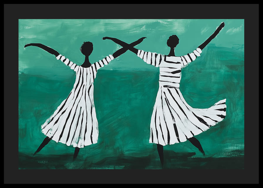 Dvaja tanečníci sa vznášajú v zasnenom tanci na zelenom pozadí-12