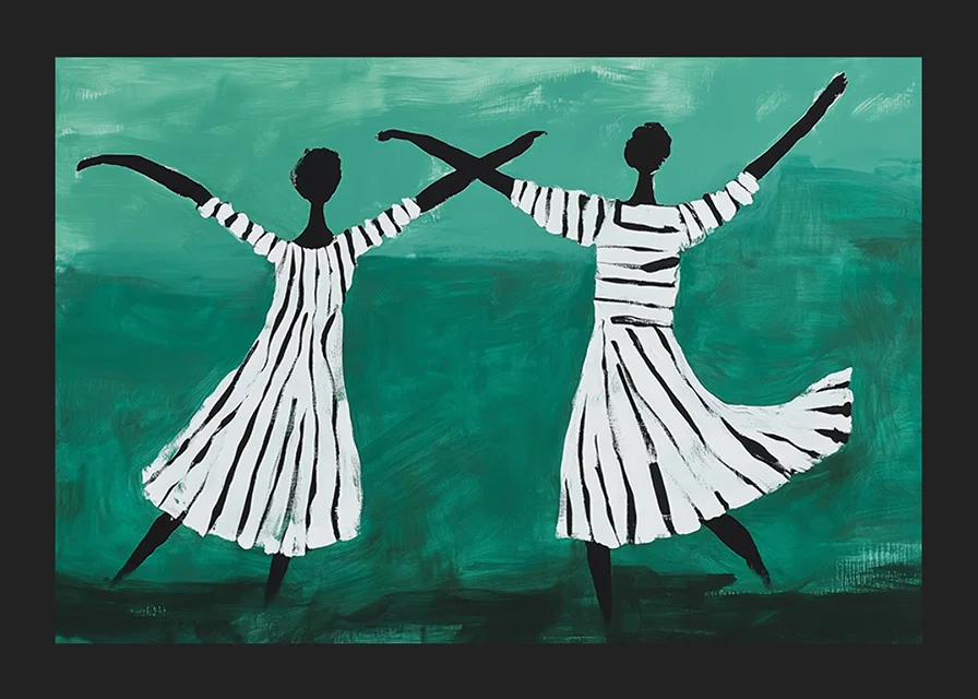 Two dancers float in a dreamy dance over a green background-12