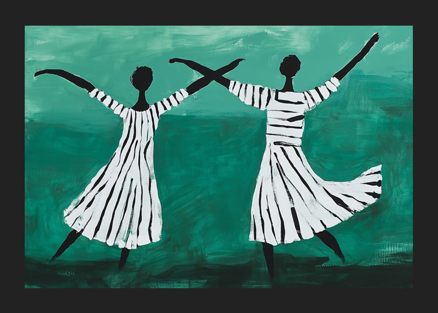 Dvaja tanečníci sa vznášajú v zasnenom tanci na zelenom pozadí-12