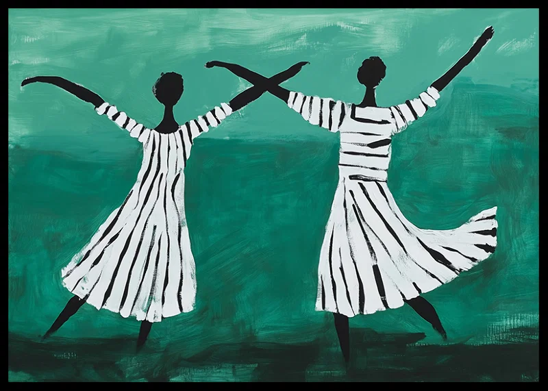 Two dancers float in a dreamy dance over a green background-12