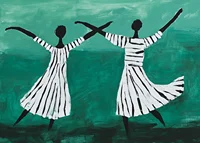 Two dancers float in a dreamy dance over a green background-7