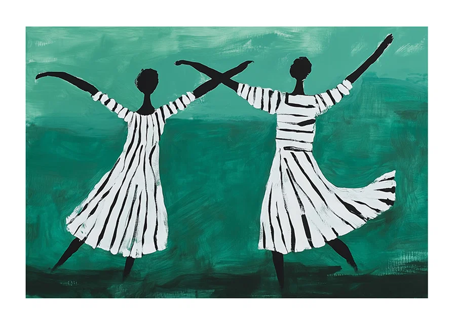 Two dancers float in a dreamy dance over a green background-12