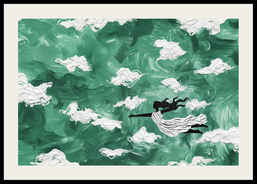 Une femme flotte à travers les nuages ​​dans un ciel vert émeraude-12