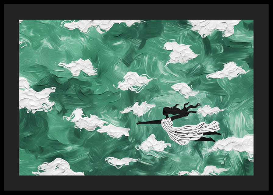 Une femme flotte à travers les nuages ​​dans un ciel vert émeraude-12