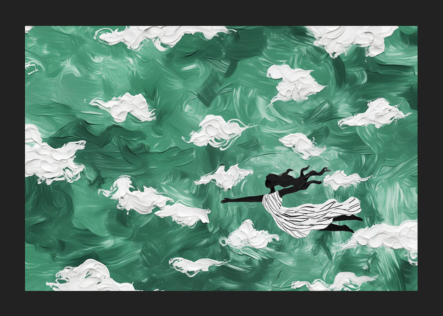 Une femme flotte à travers les nuages ​​dans un ciel vert émeraude-12