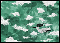 Een vrouw zweeft door de wolken in een smaragdgroene lucht-2
