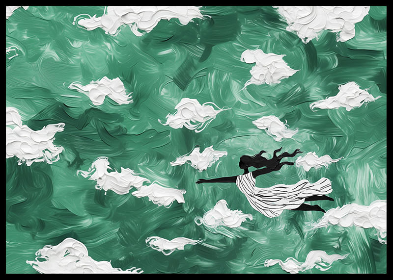 Een vrouw zweeft door de wolken in een smaragdgroene lucht-12
