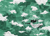 Een vrouw zweeft door de wolken in een smaragdgroene lucht-3