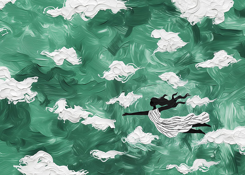 Een vrouw zweeft door de wolken in een smaragdgroene lucht-12