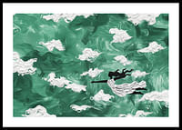Een vrouw zweeft door de wolken in een smaragdgroene lucht-0