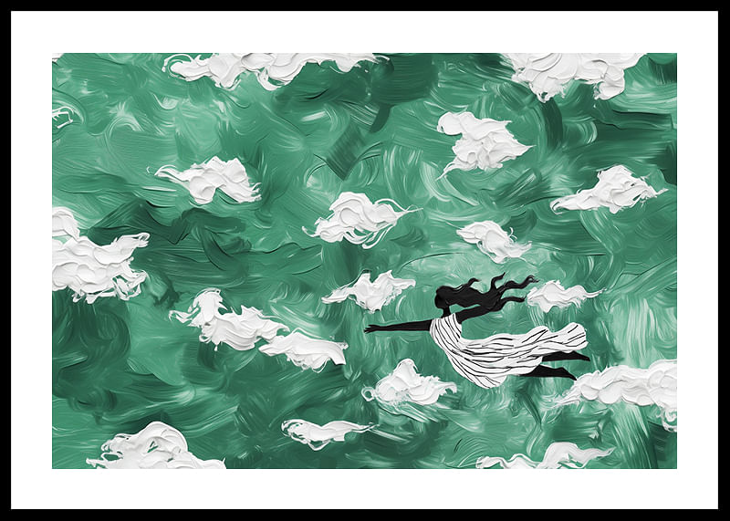Een vrouw zweeft door de wolken in een smaragdgroene lucht-12