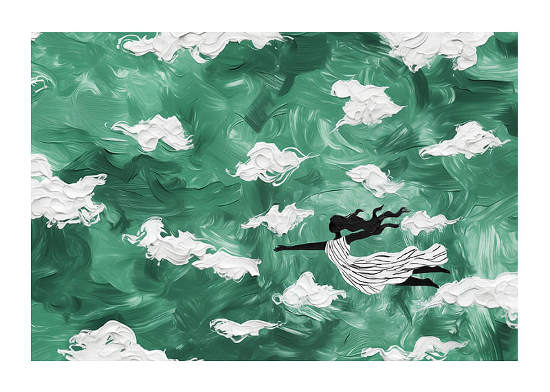 Een vrouw zweeft door de wolken in een smaragdgroene lucht-12