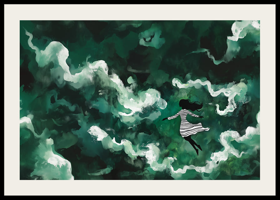 Dievča pláva cez tajomné zelené oblaky-12