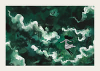 Dievča pláva cez tajomné zelené oblaky-3