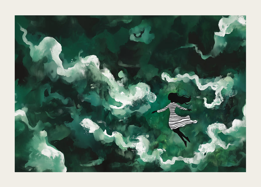 Dievča pláva cez tajomné zelené oblaky-12