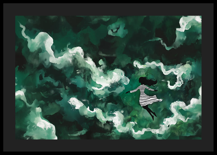 Dievča pláva cez tajomné zelené oblaky-12