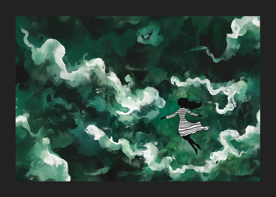 Dievča pláva cez tajomné zelené oblaky-12