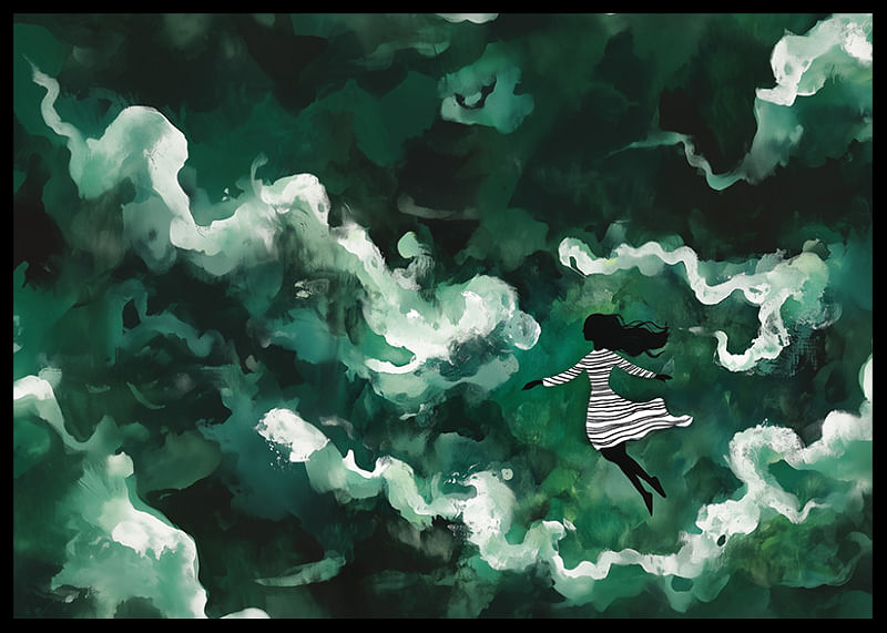 Ein Mädchen schwebt durch geheimnisvolle grüne Wolken-12