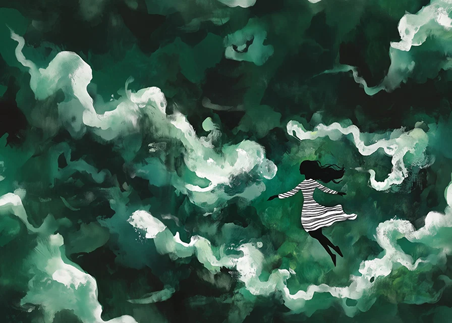 A girl floats through mysterious green clouds-12