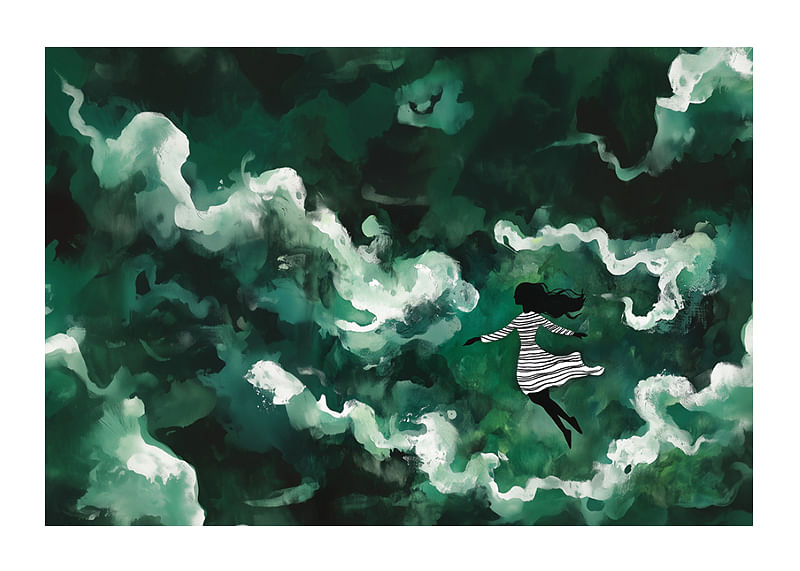 Ein Mädchen schwebt durch geheimnisvolle grüne Wolken-12