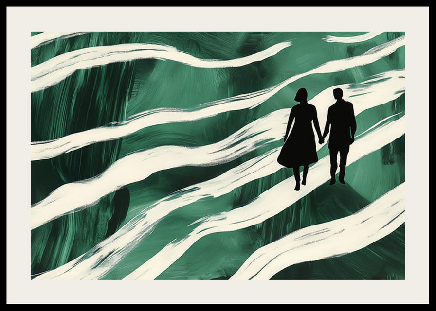 Silhuetter på en hånd-i-hånd-vandring gjennom grønne, virvlende bekker-12